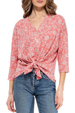 B Collection By Bobeau 3/4 Sleeve Tie Front Top Coral/Ivory - Regular